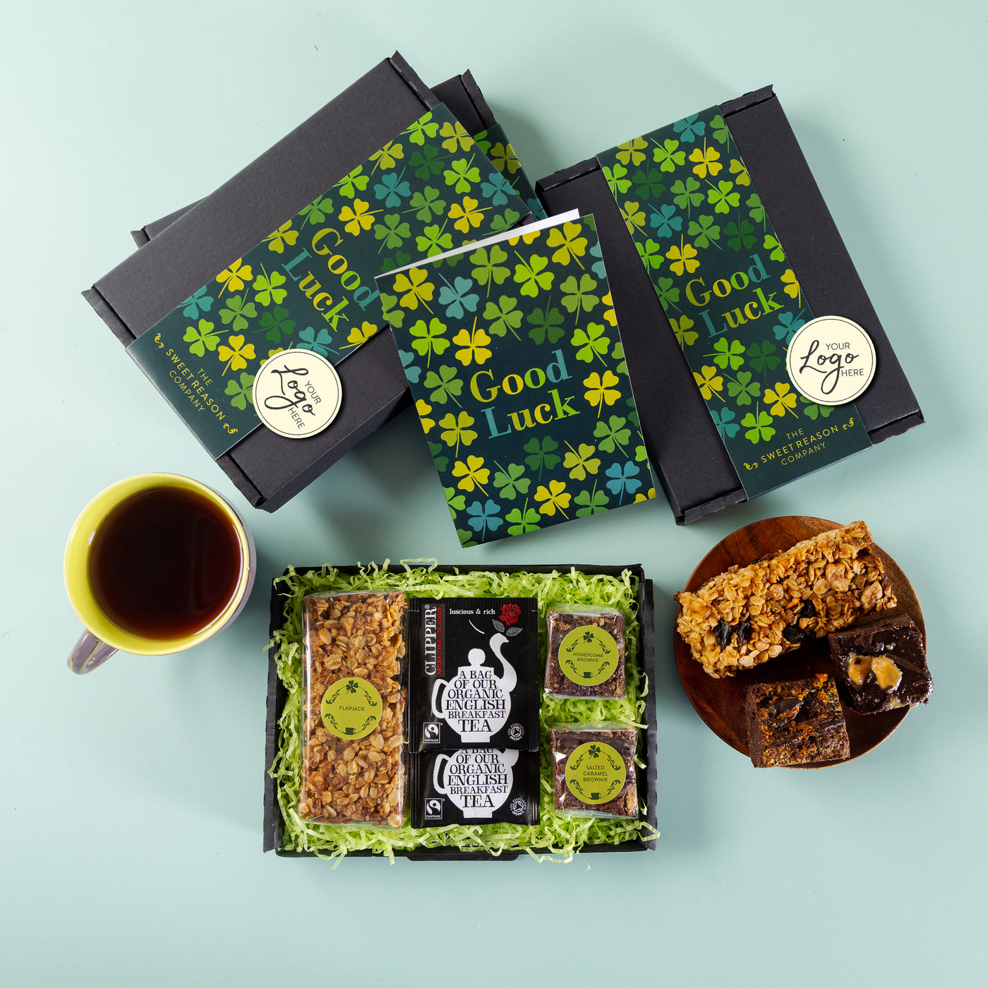Branded & personalised 'Good Luck' Flapjack, Brownies and Tea Letterbox
