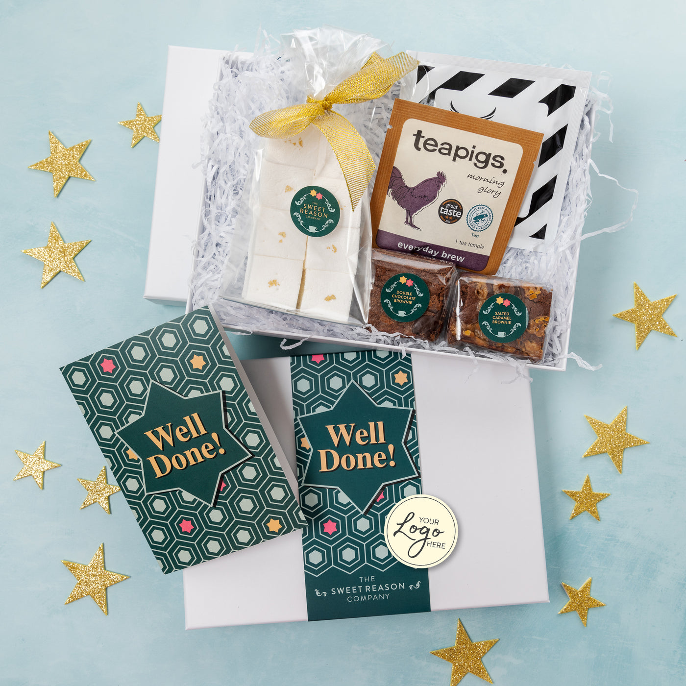 Branded & personalised 'Well Done' Marshmallows, Brownies, Tea & Coffee