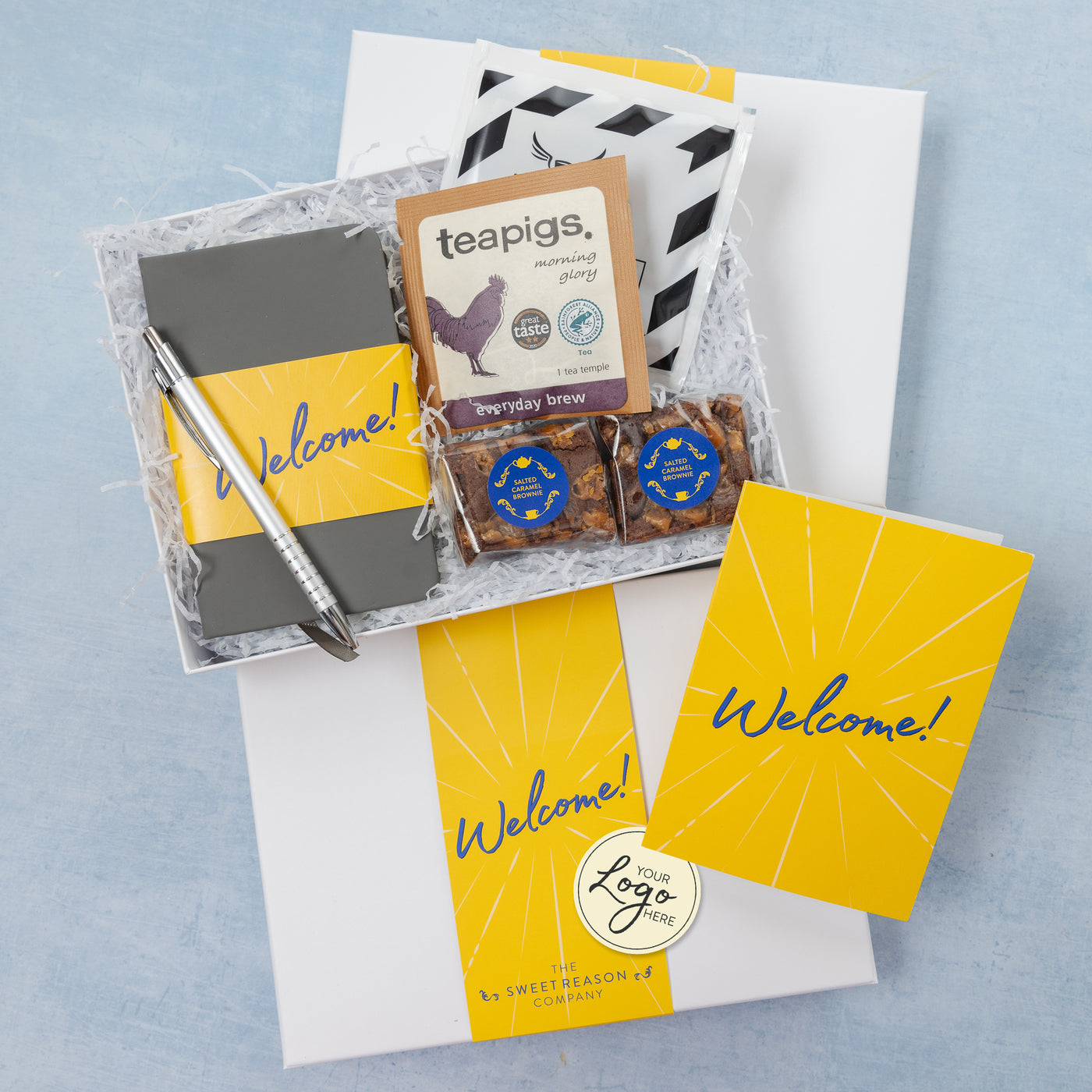 Branded & personalised 'Welcome!' Notebook, Brownies Tea & Coffee Gift