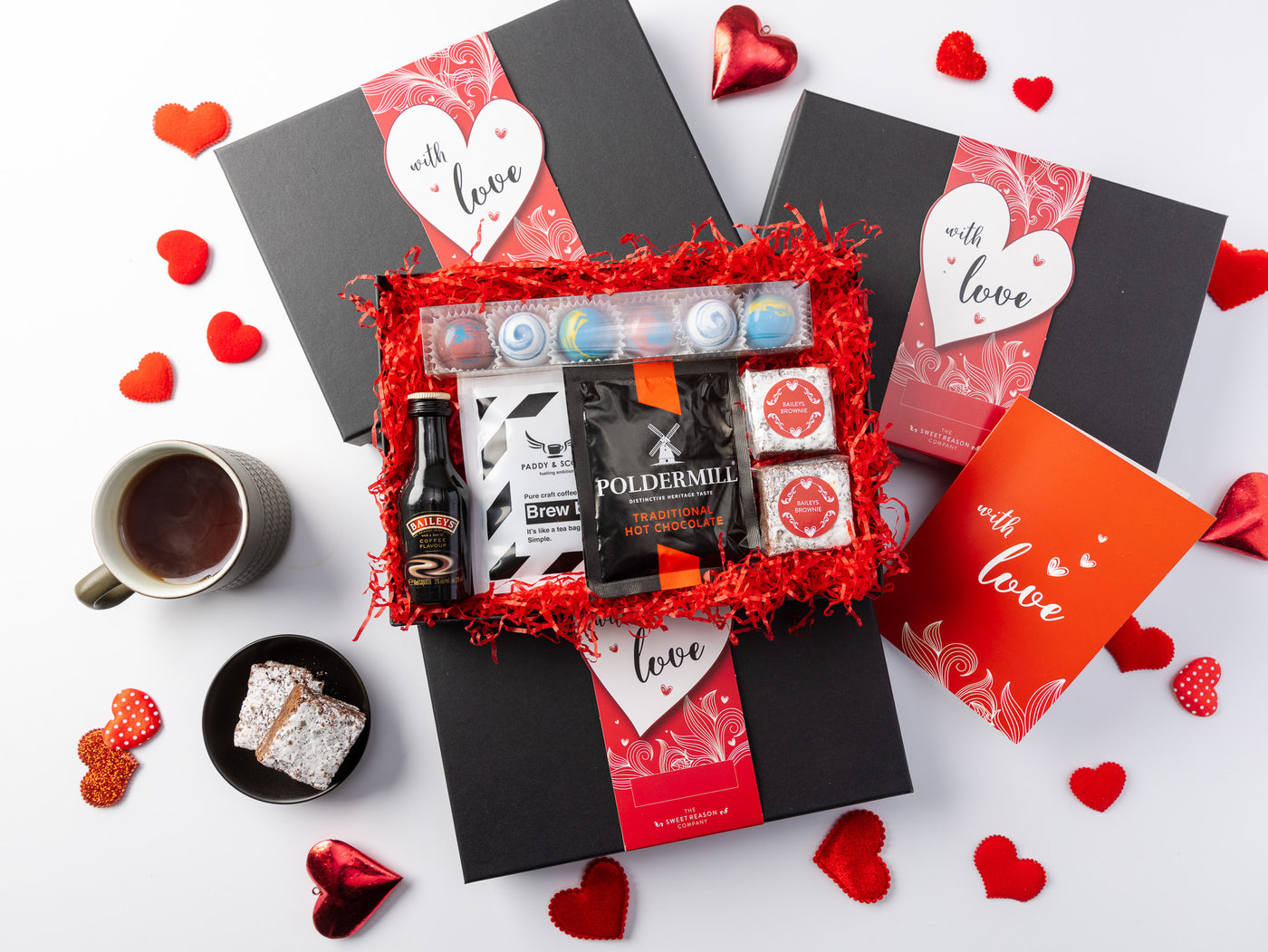 Red Sweet Reason With Love Afternoon Tea Gift Boxes Surrounded By Tea & Brownies 