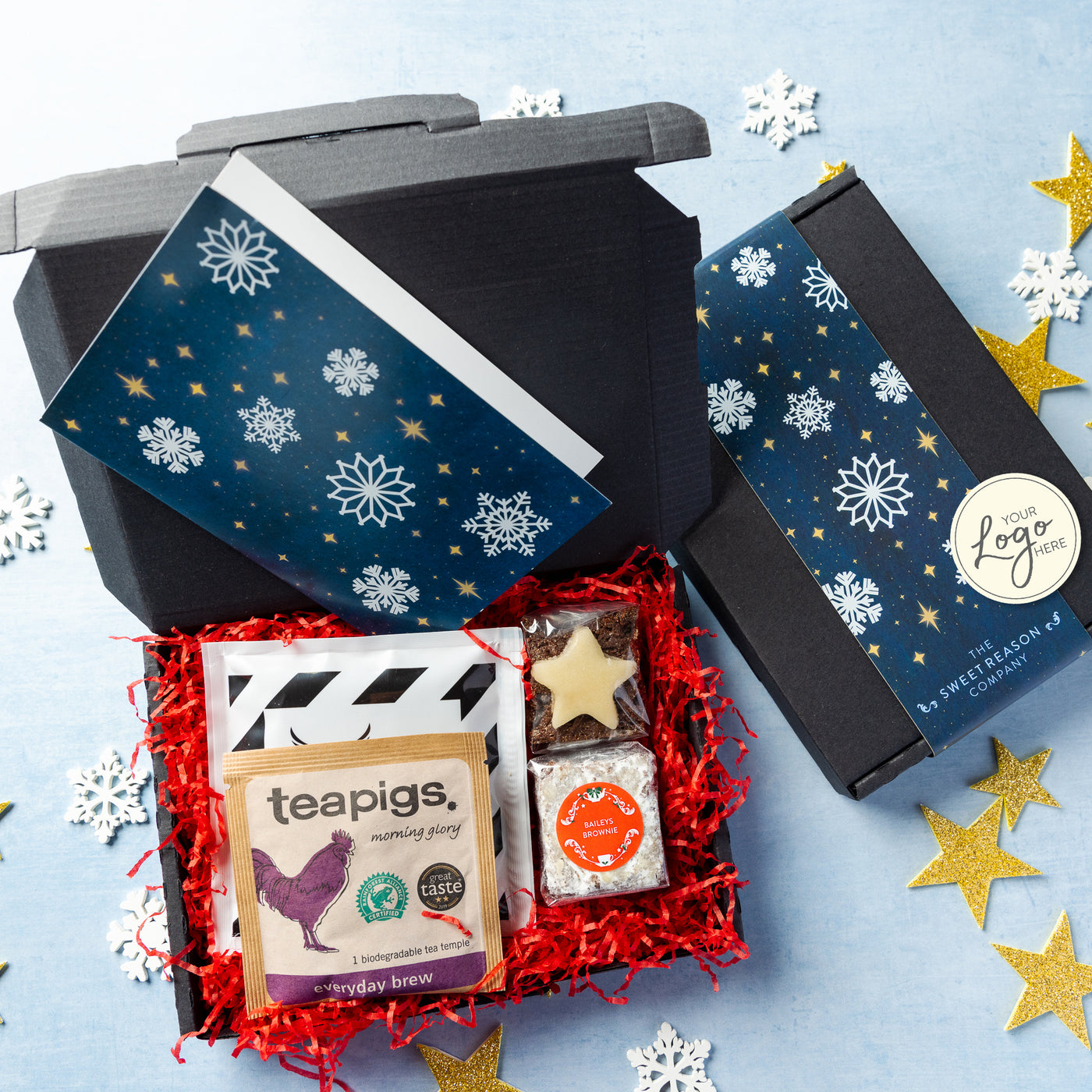 Branded & personalised Snowflakes Festive Brownies, Coffee & Tea Letterbox Gift