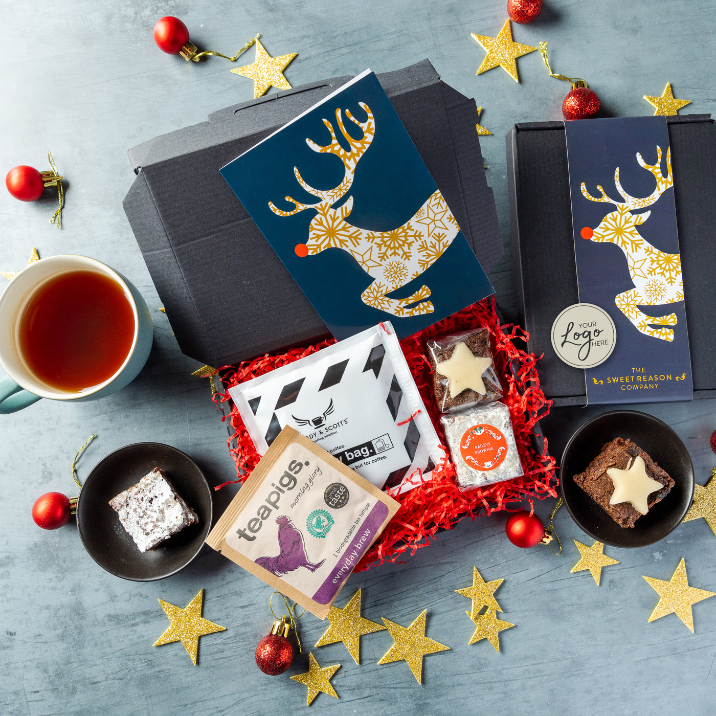 Branded & personalised Reindeer Festive Brownies, Coffee & Tea Letterbox Gift