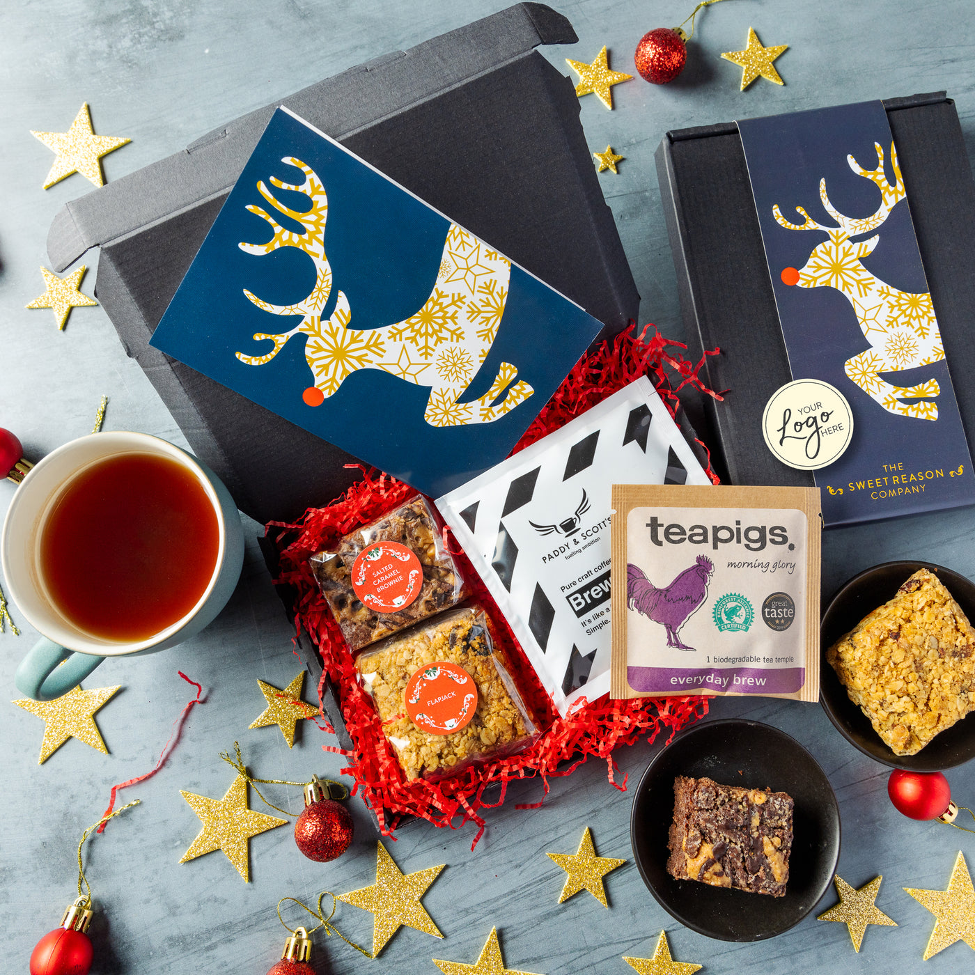 Branded & personalised 'Reindeer' Treats (Flapjack), Coffee and Tea Letterbox
