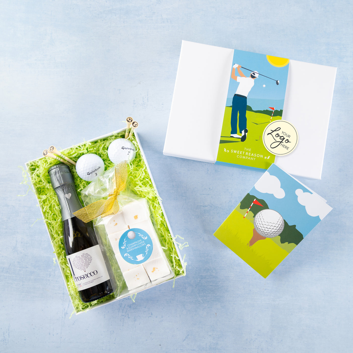 Branded & personalised 'Golf' Tee Set, Marshmallows and Prosecco