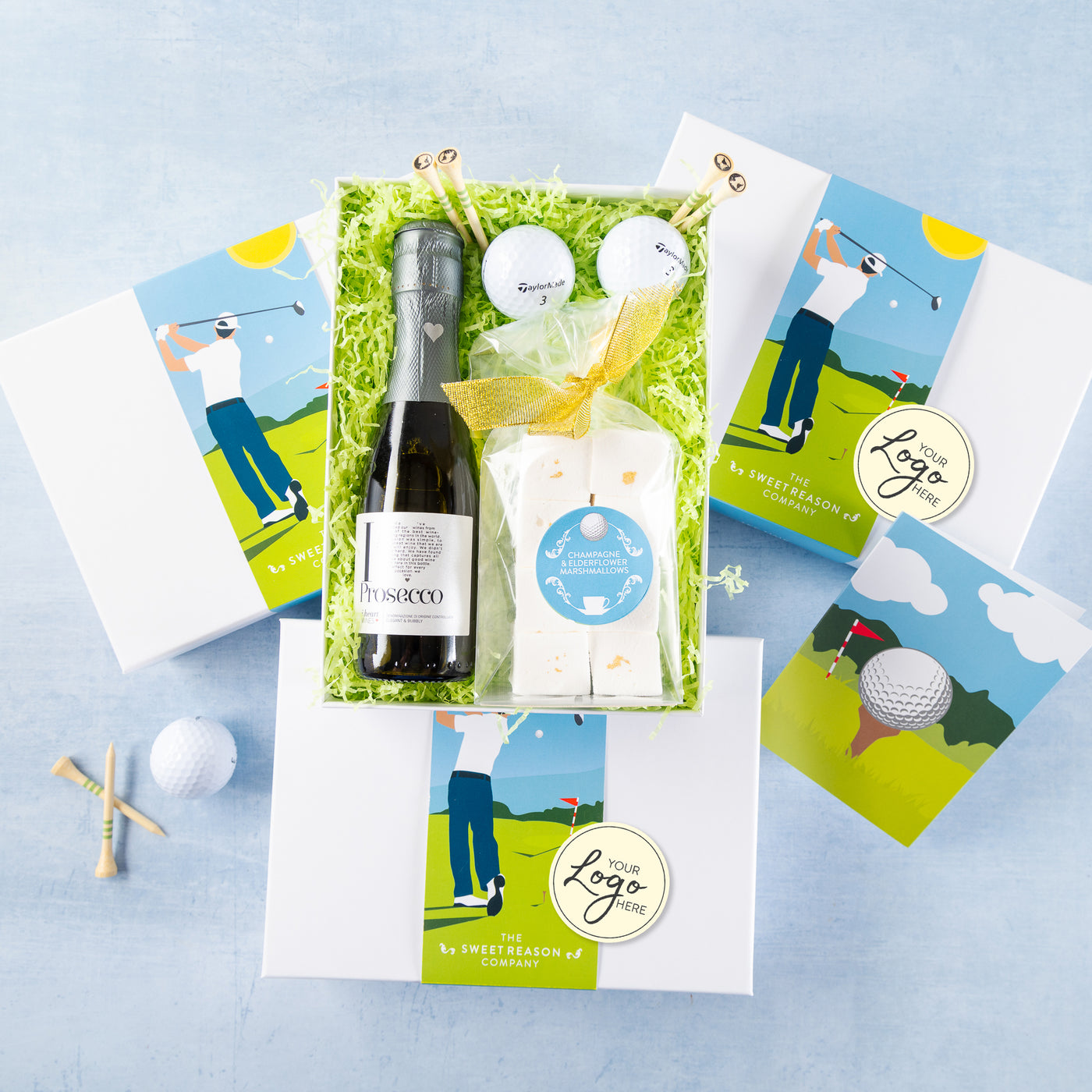 Branded & personalised 'Golf' Tee Set, Marshmallows and Prosecco