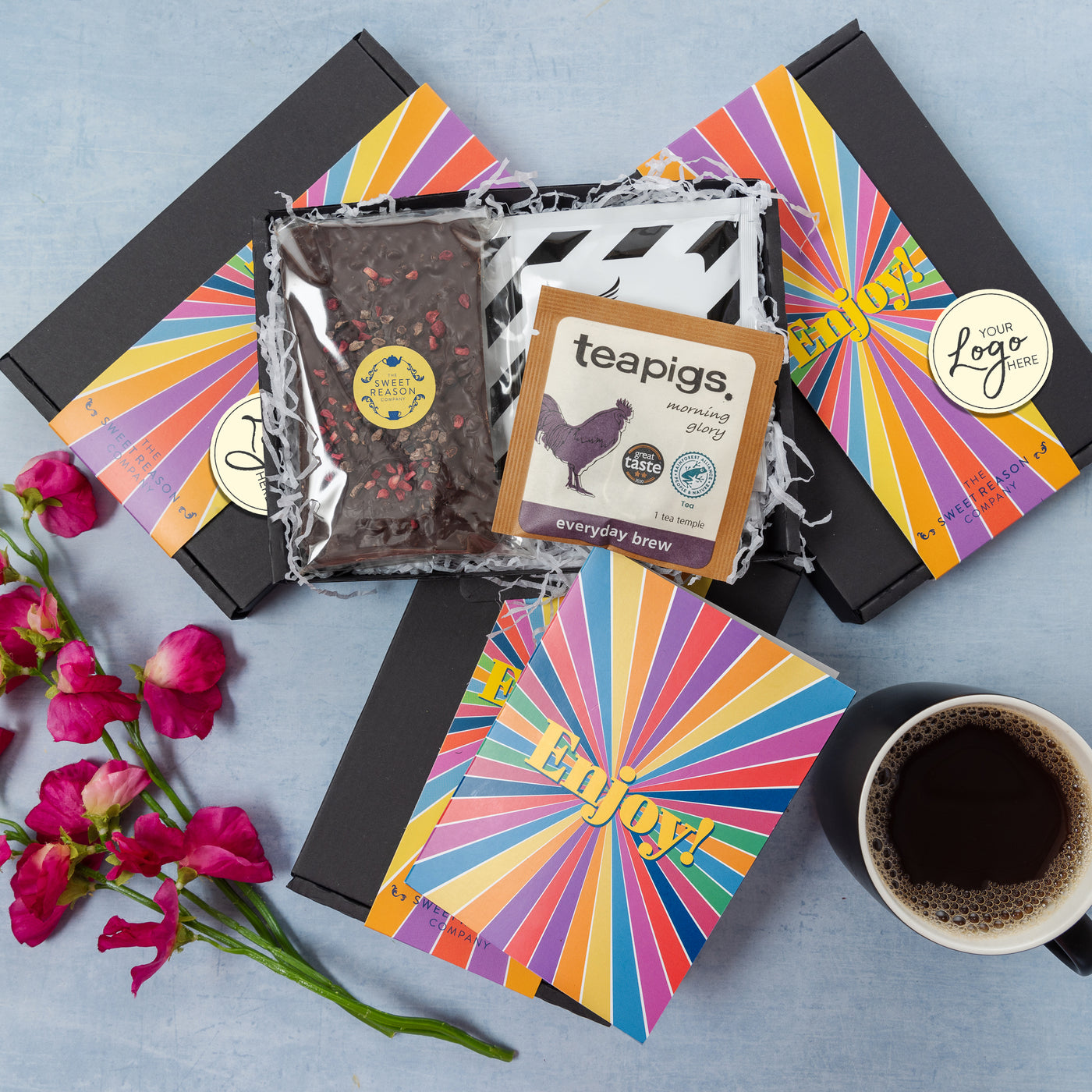 Branded & personalised 'Enjoy' Vegan Chocolate Slab, Coffee and Tea Letterbox