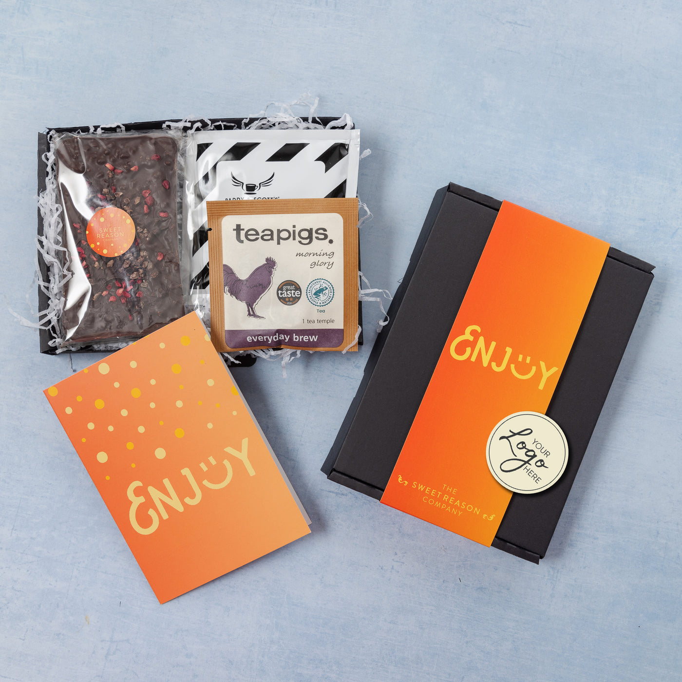 Branded & Personalised 'Enjoy :)' Vegan Chocolate Slab, Coffee and Tea Letterbox