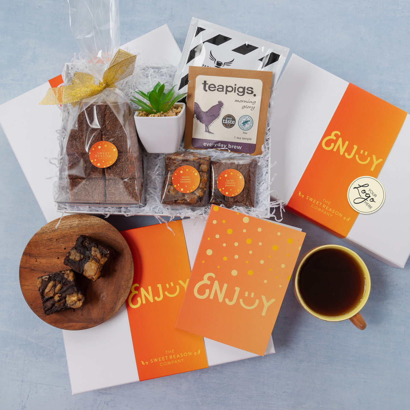 Branded & Personalised 'Enjoy :)' Marshmallows, Brownies, Plant, Tea & Coffee