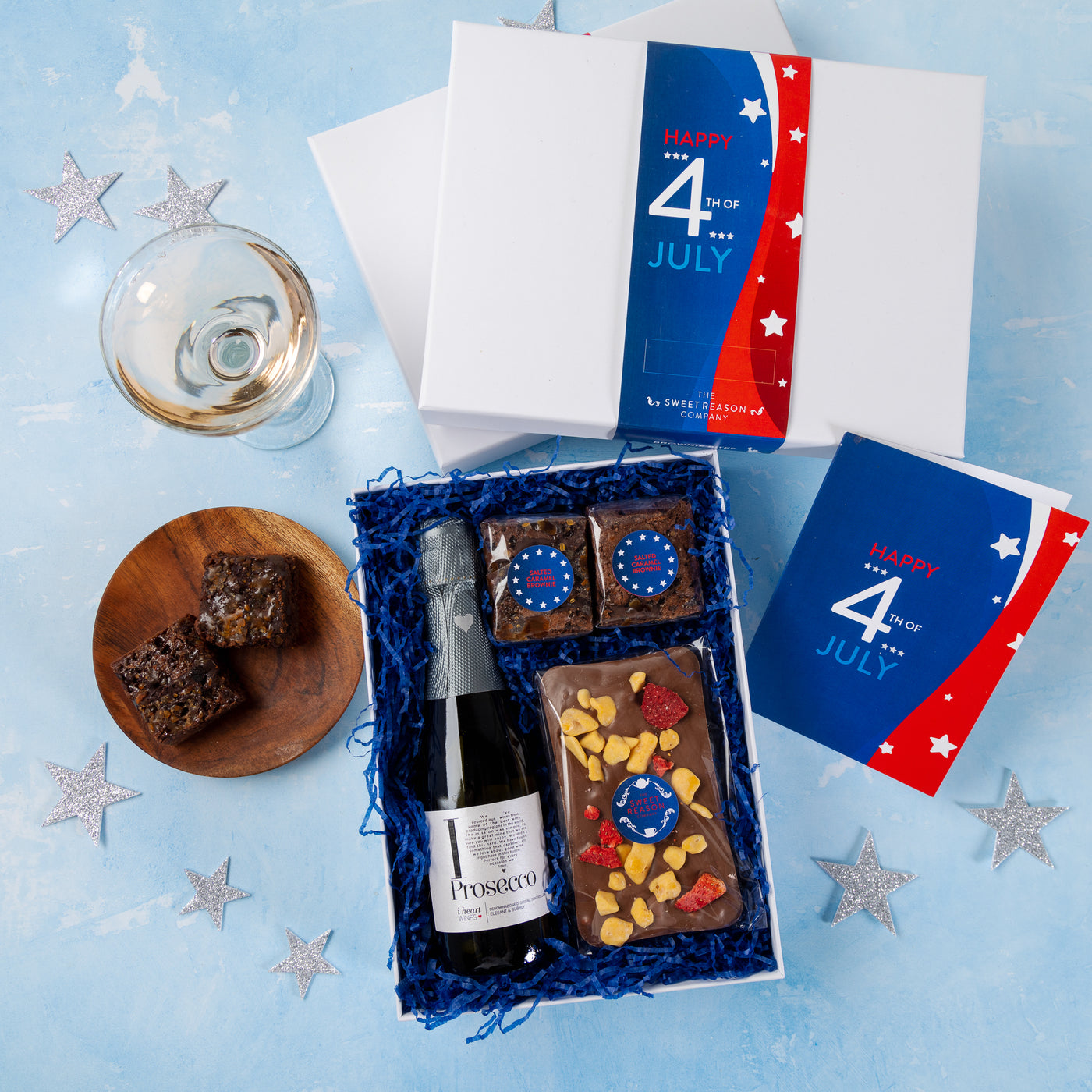 'Happy 4th of July' Chocolate Slab, Brownies and Prosecco