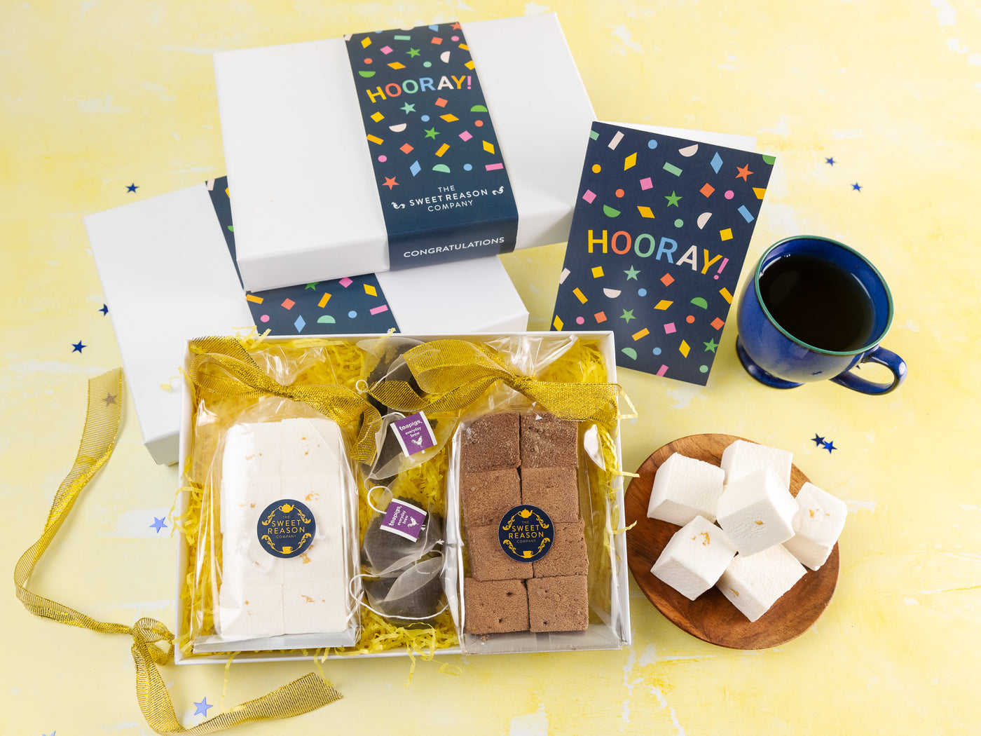 'Hooray!' Champagne & Elderflower and Double Chocolate Marshmallows with Tea Gift