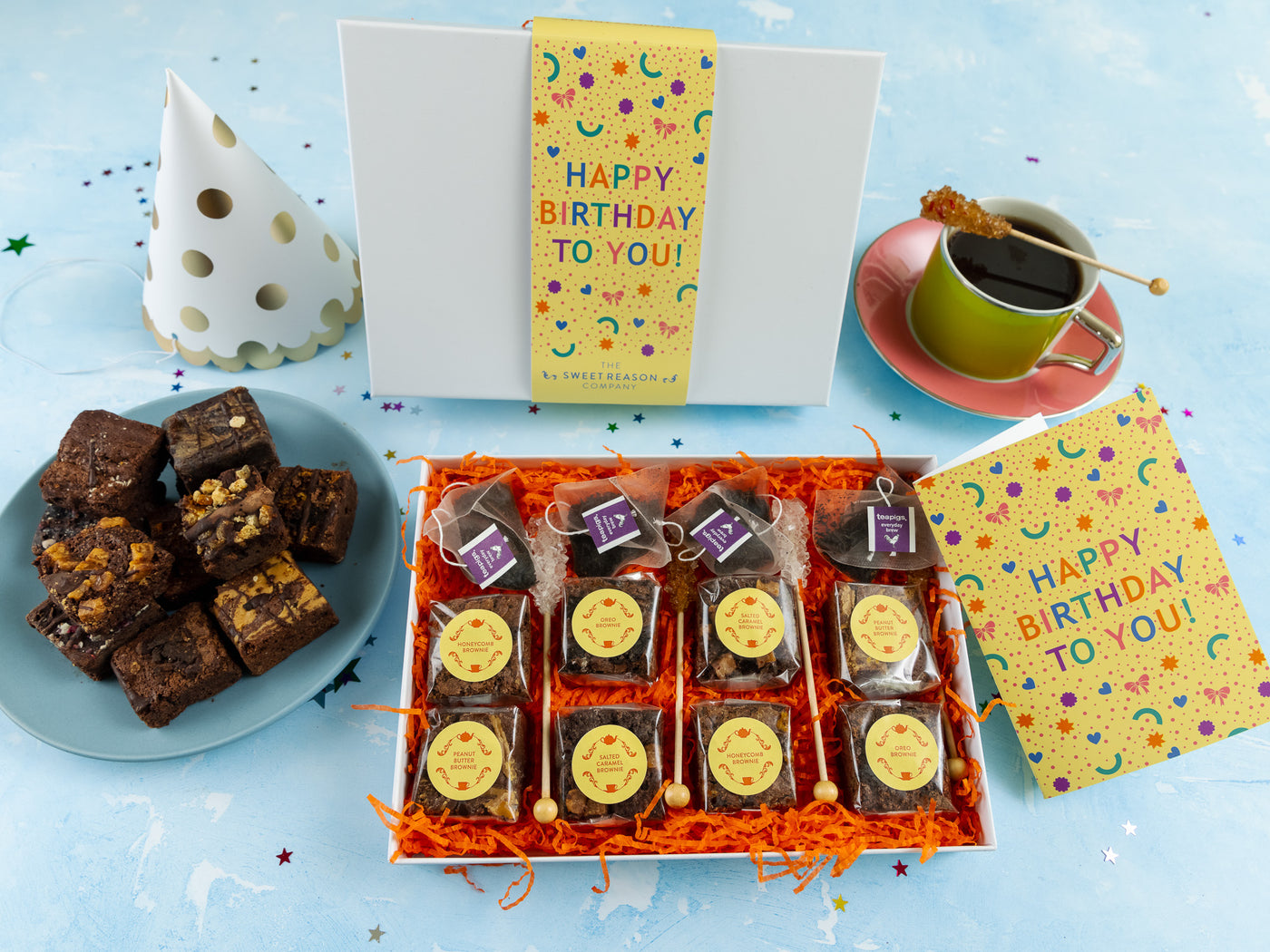 Bright Beautiful Yellow Happy Birthday Themed Gift Box Filled With Brownie Afternoon Tea For 4 